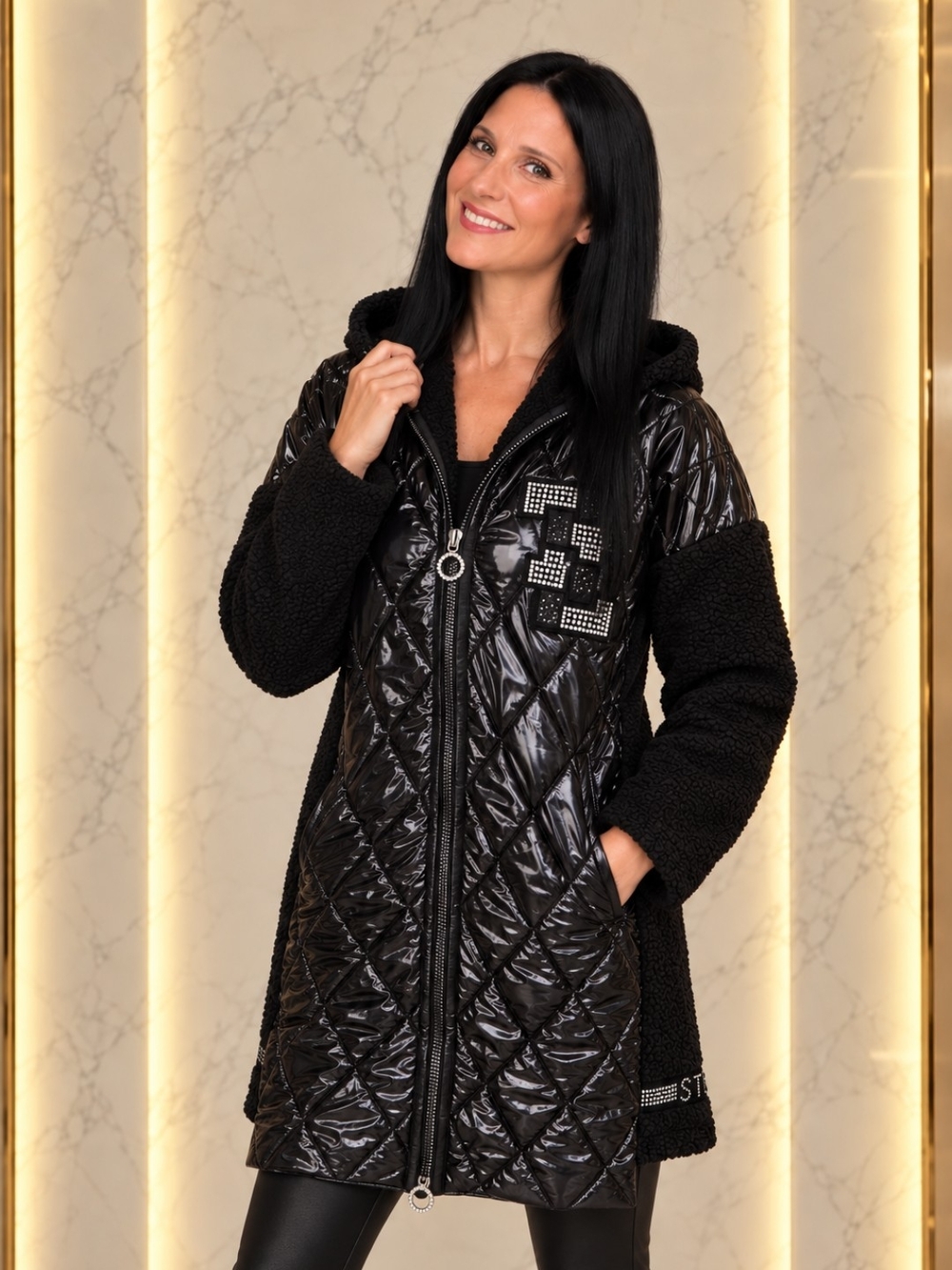 Tricotto Black Quilted Teddy Hooded Coat Rhinestone Detail Size L